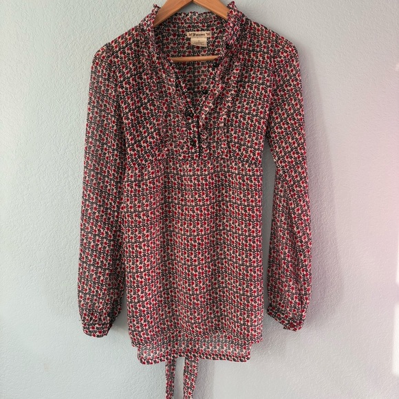 Forever 21 Tops - Vintage Forever 21 Red Black Floral Sheer Tunic Top Ruffle Y2K